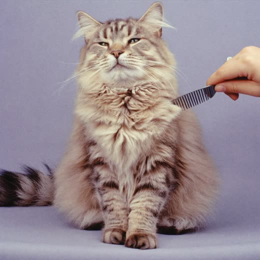 A long-haired cat being combed